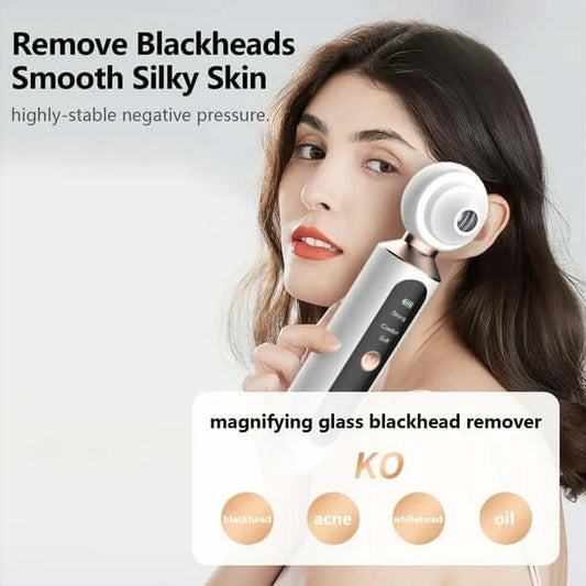Woman using ClearView™ pore vacuum with magnifying lens for smooth, silky skin and effective blackhead removal.