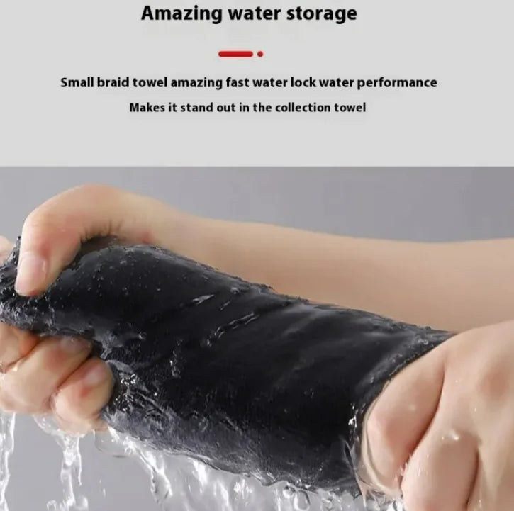 Hand holding a black braid towel with water dripping, text about water storage performance.
