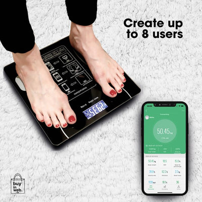 BodyIQ™ smart scale in black with feet on the platform next to the companion app