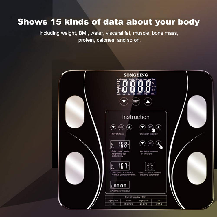 body-composition scale showing 15+ data points