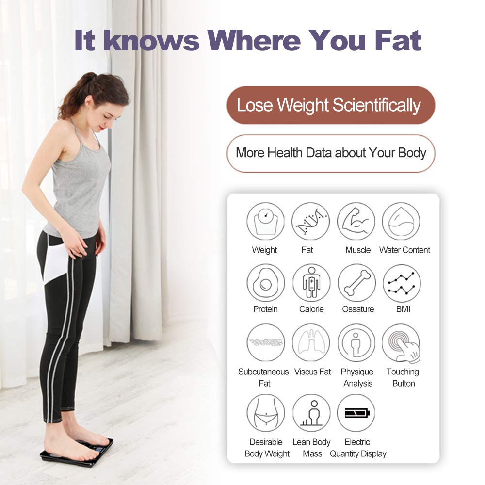 Woman weighing on BodyIQ™ smart scale with 18-metric icons for scientific weight management