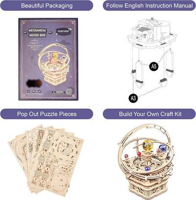 StarryCraft 3D Music Box Puzzle Kit packaging, instruction manual, and pop-out puzzle pieces layout.