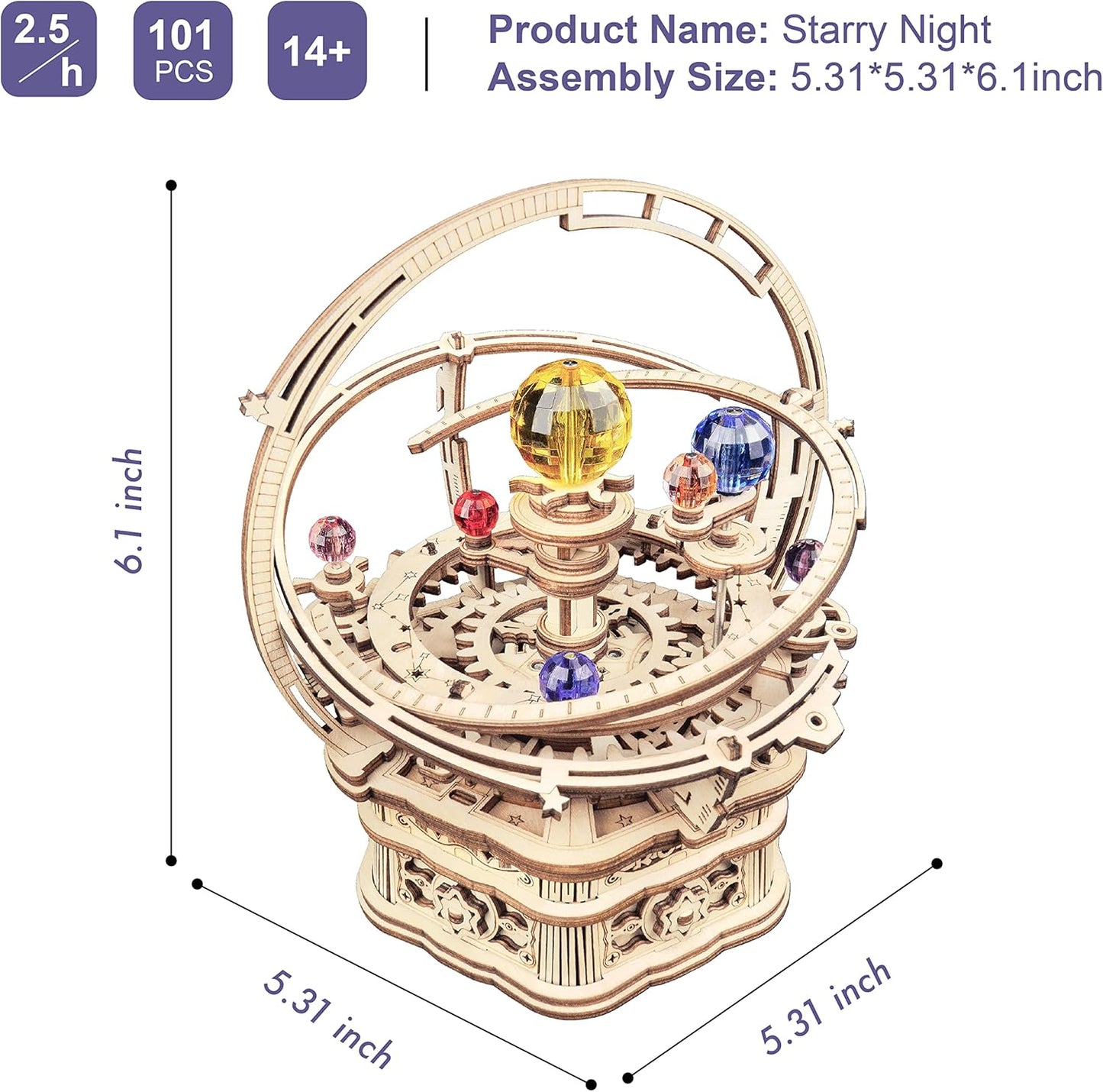 Assembled StarryCraft™ 3D wooden music box puzzle—ornate celestial orrery with rotating planets around a central sun, built from laser-cut eco-plywood
