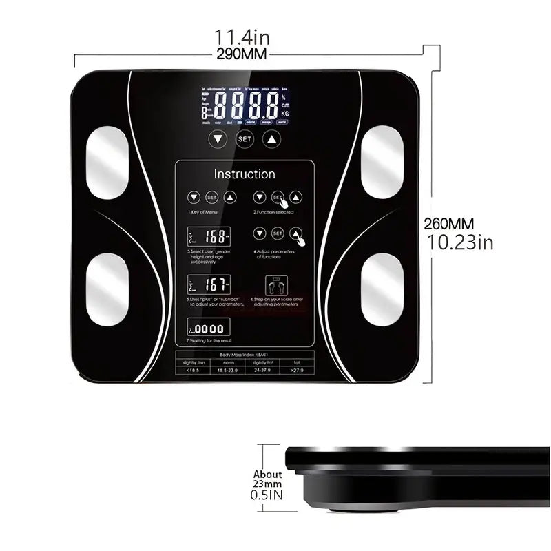 Top view of black BodyIQ™ smart scale with reflective tempered glass and four bio-impedance electrodes