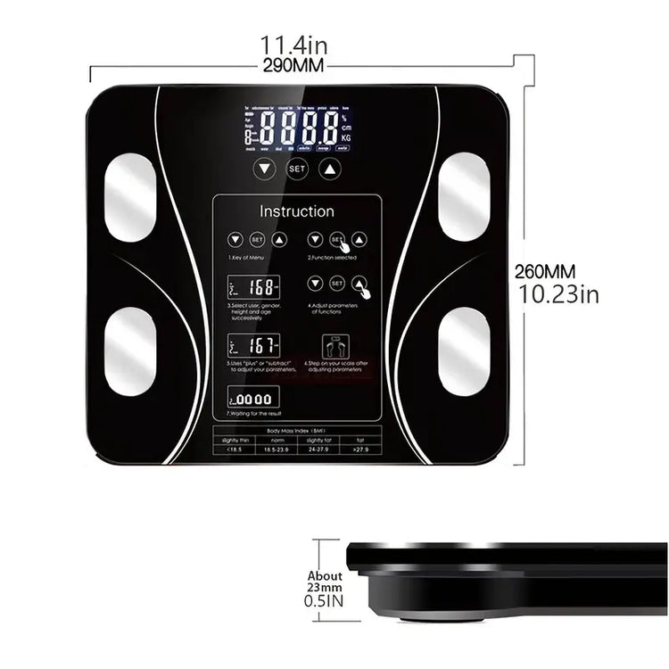 Top view of black BodyIQ™ smart scale with reflective tempered glass and four bio-impedance electrodes