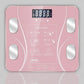 Purple BodyIQ™ smart scale on wood floor with enlarged icon display for body metrics