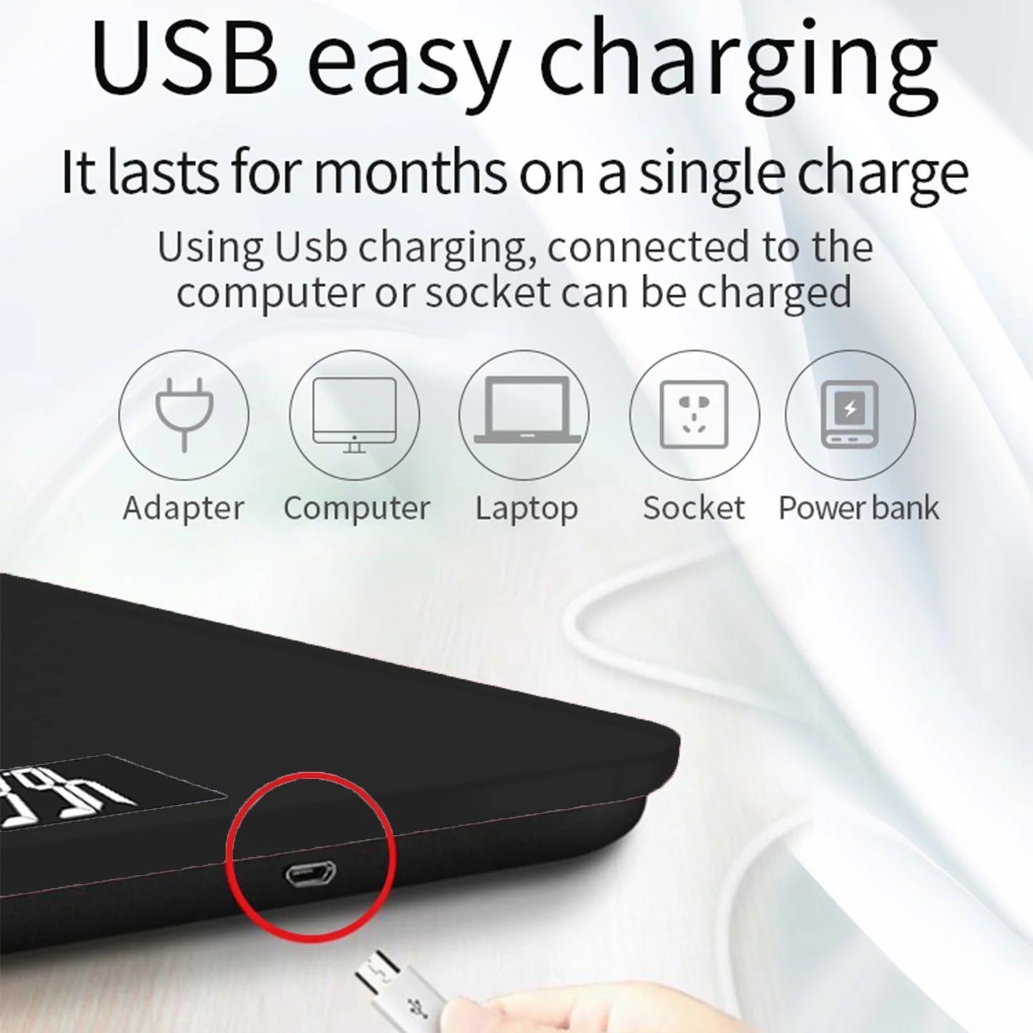 BodyIQ™ smart scale USB charging port, months of use per charge; charge via adapter, laptop, socket or power bank