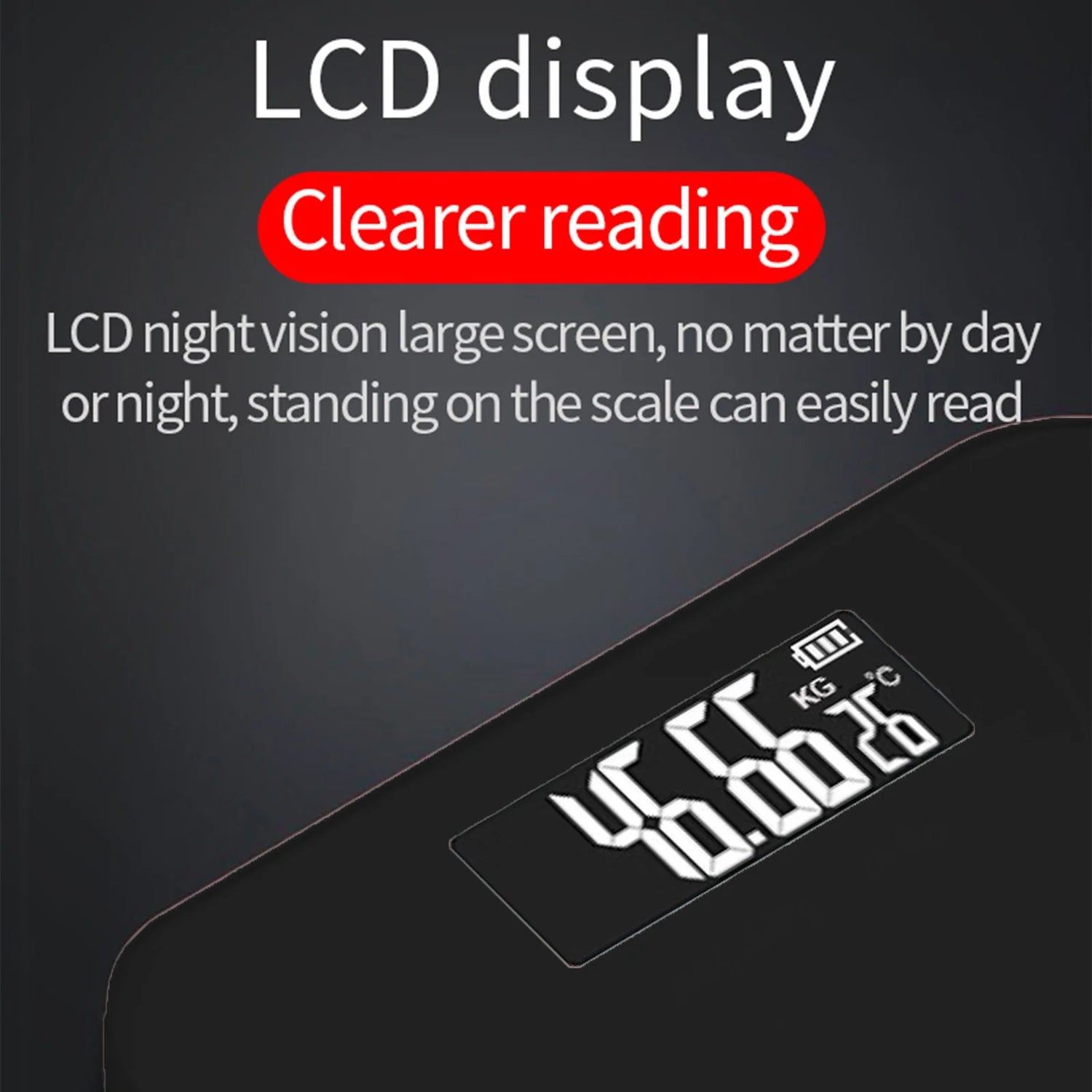 Close-up of BodyIQ™ smart scale LCD backlit display for clear day or night reading