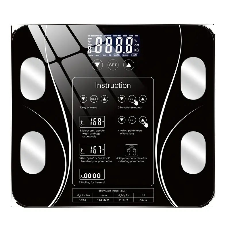 Top view of pink BodyIQ™ smart scale—tempered glass, four electrodes, backlit LCD.